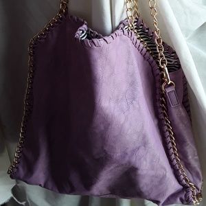 Lavender Leather Look Strap Tote with Gold Chains